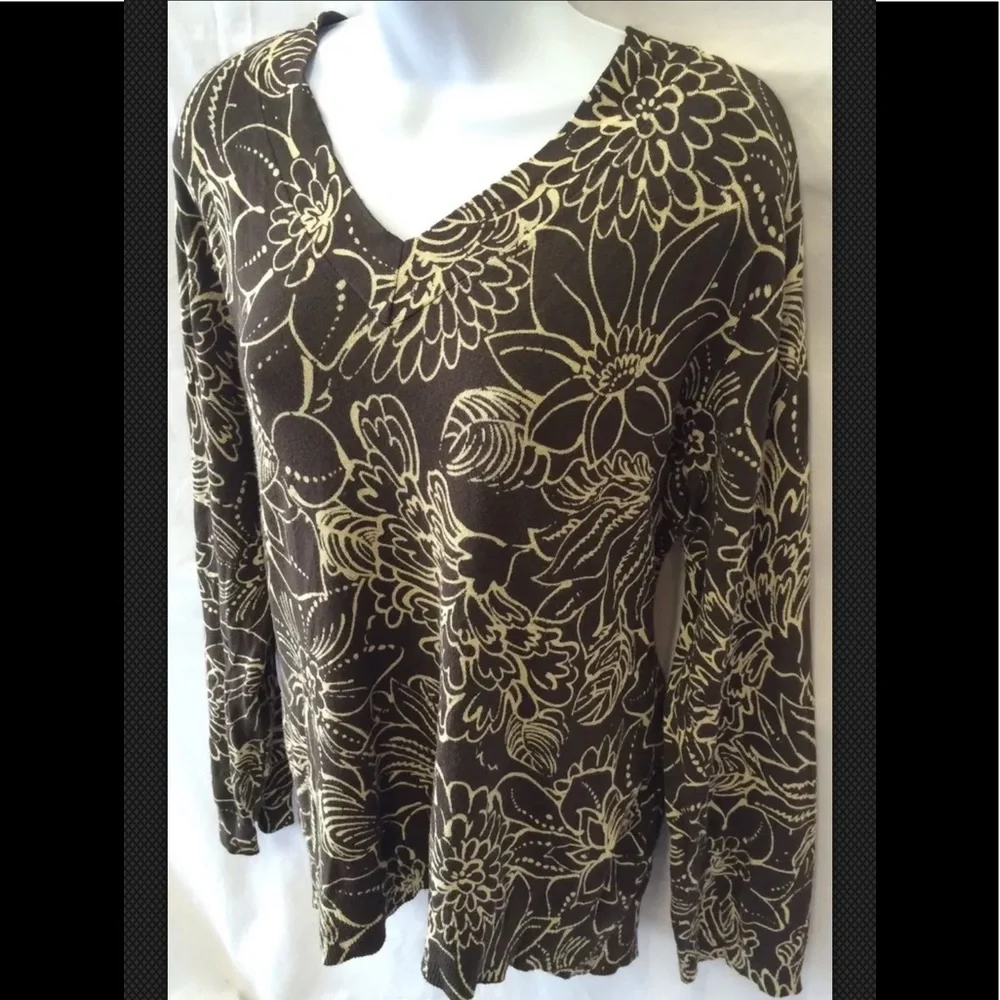 CHICOS Sweater Top V Neck Brown Gold Soft Floral Long Sleeve